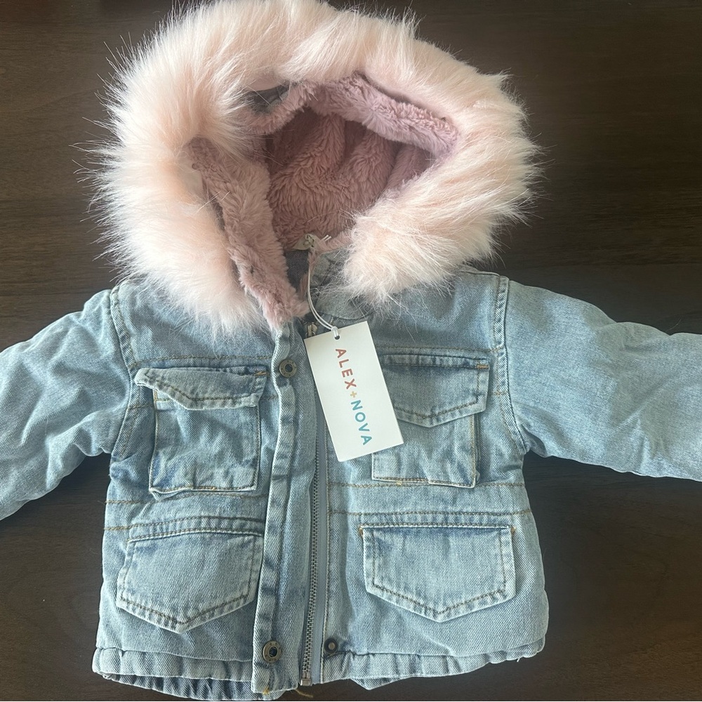 Alex + Nova Light Wash Denim Jacket with Pink Faux-Fur Hood for Kids